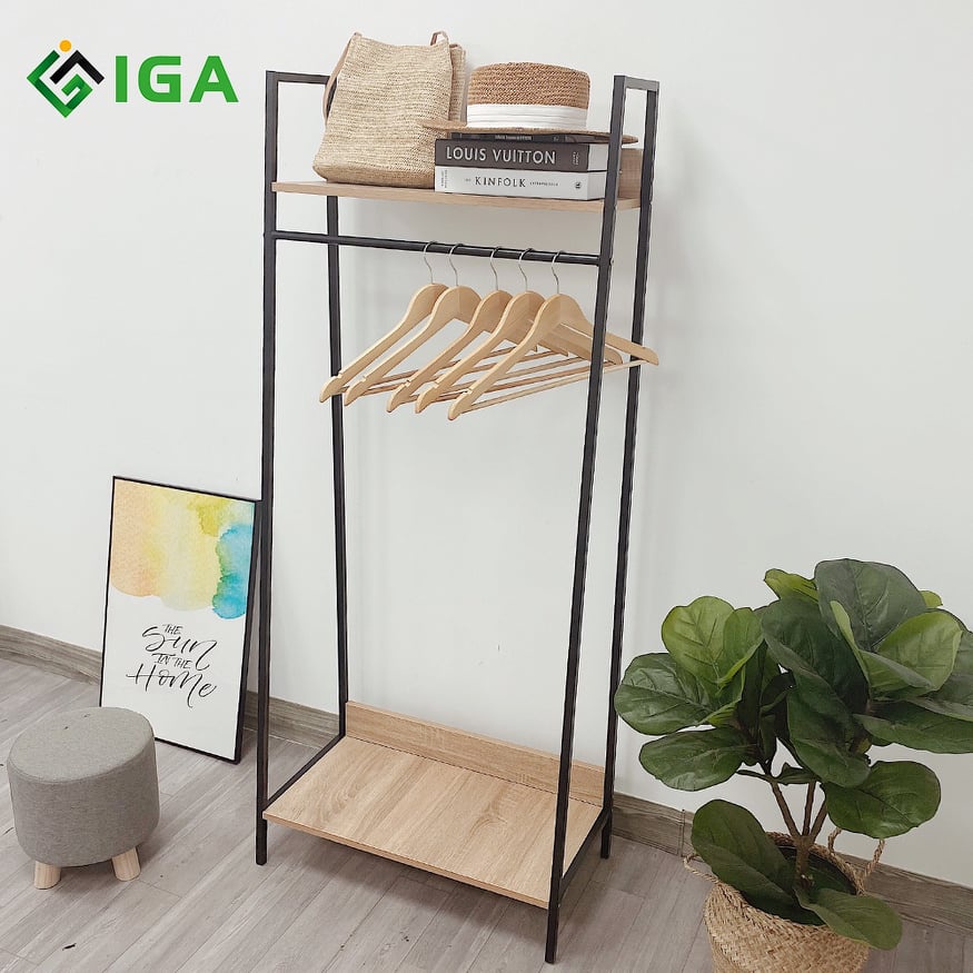 Giá treo quần áo đa năng có kệ gỗ để đồ 2 tầng nội thất phòng ngủ kiểu hàn - GM13