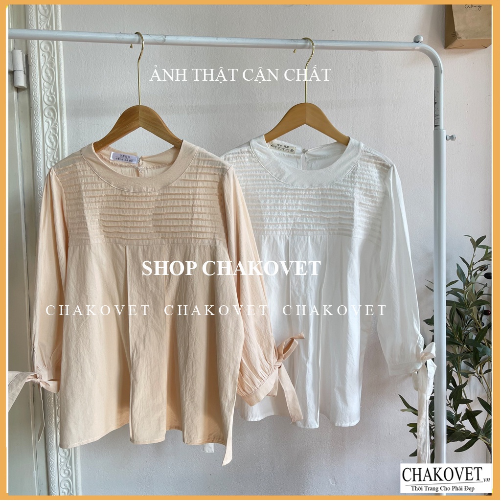 Áo sơ mi nữ tay lỡ trắng be CKA874, kiểu áo nữ thiết kế tay phồng thắt nơ cổ tròn xếp ly thời trang hàn quốc sang trọng | BigBuy360 - bigbuy360.vn