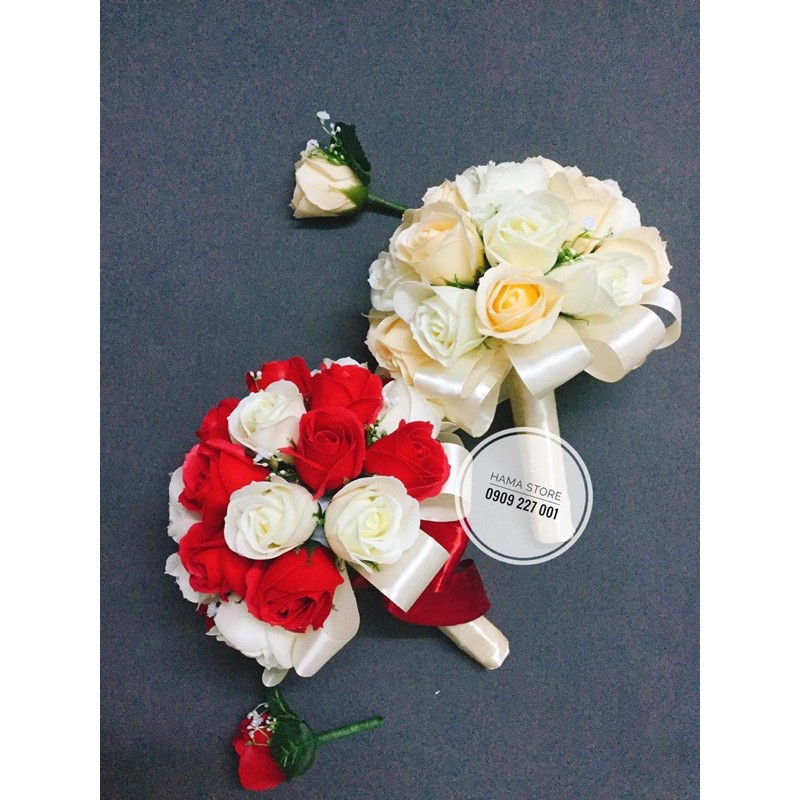 [GIẢM 8K FOLLOWER] - Hoa cầm tay cô dâu bằng sáp thơm màu hột gà và màu kem điểm baby giả xinh xắn hoa cưới giá rẻ