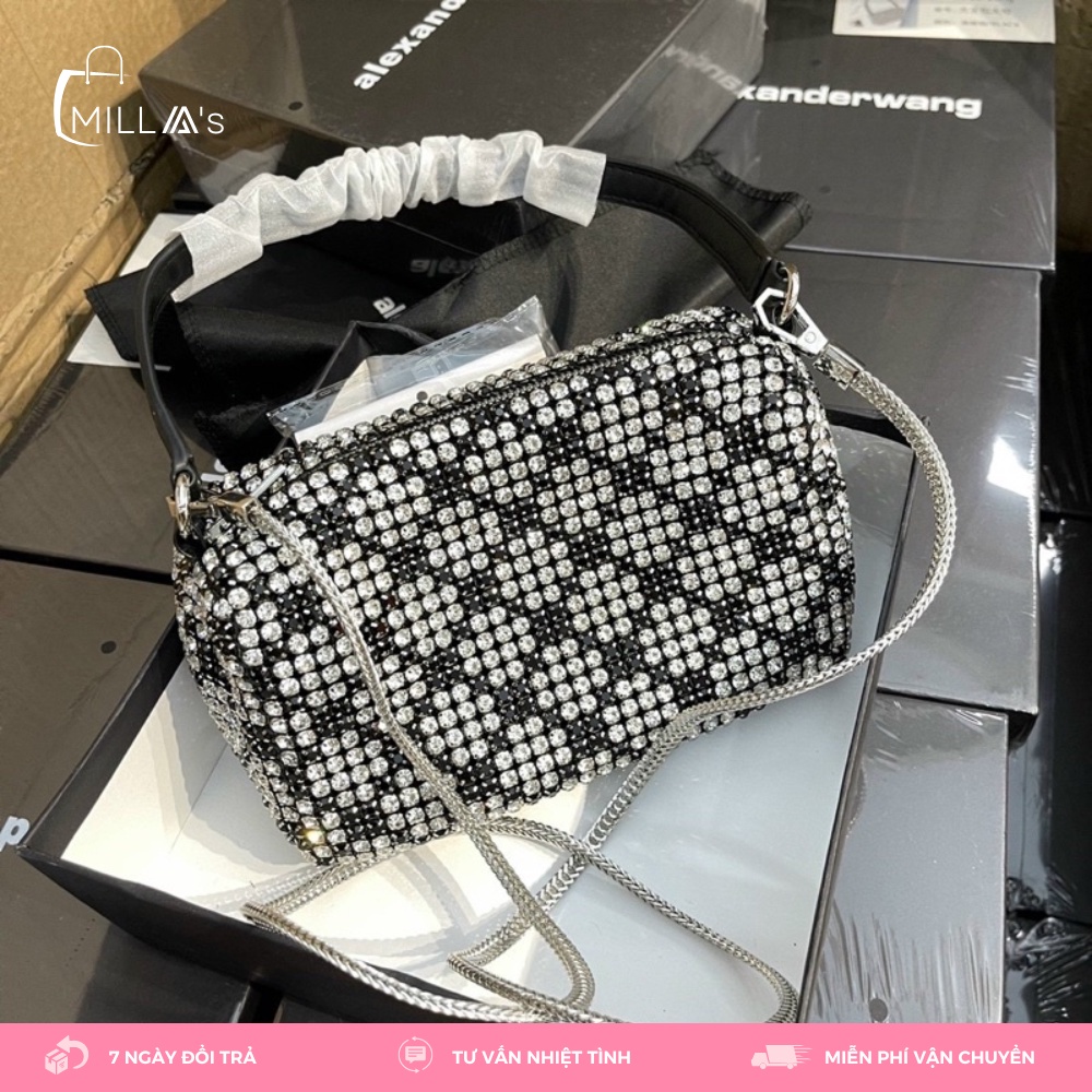 Túi Xách Đeo Chéo Alexander Wang Đính Đá Lấp Lánh Phối Dây Xích Mịn Đeo Vai Full Box Sang Chảnh Dự Tiệc Milla's