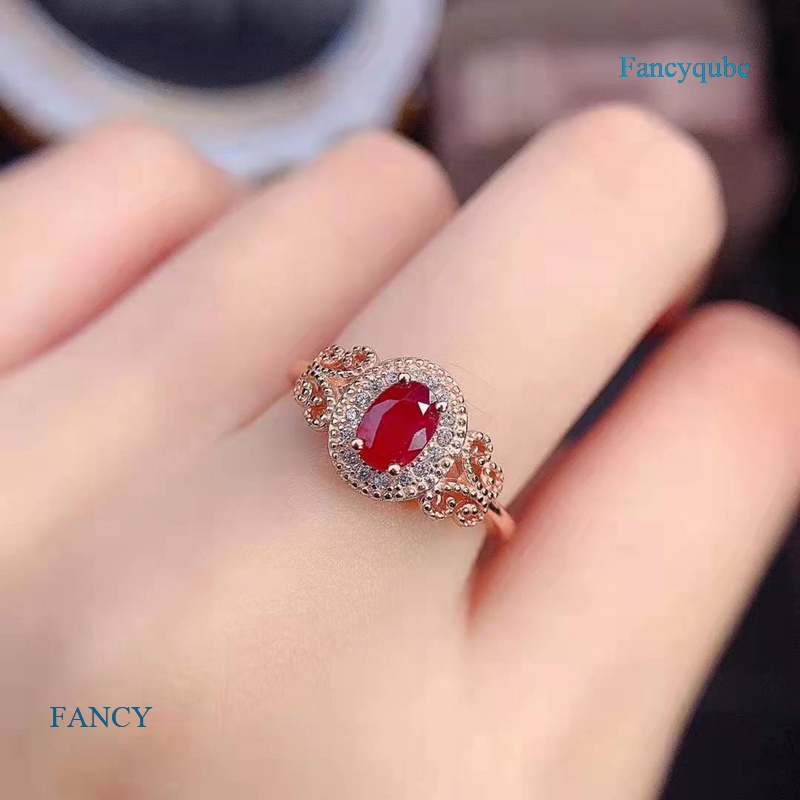Nhẫn Đính Hôn Đính Đá Zircon Đỏ Hình Oval Sang Trọng