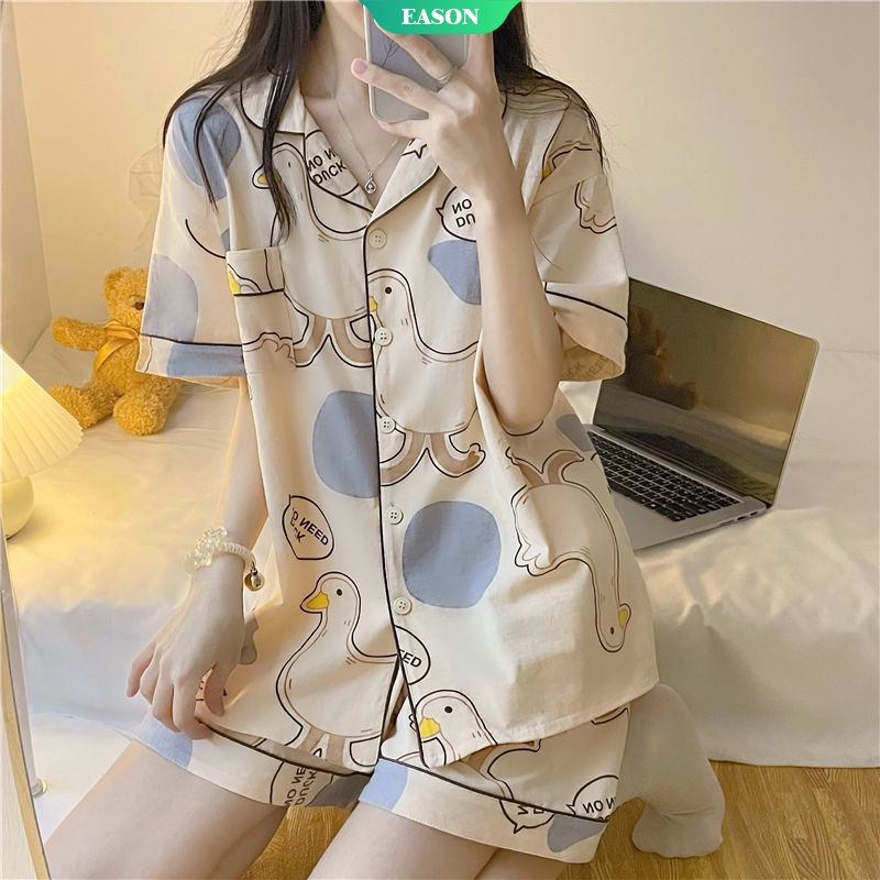 Bộ Đồ Ngủ Tay Ngắn Dáng Rộng In Họa Tiết Hoạt Hình Chú Vịt Dễ Thương Thời Trang Mùa Hè Xinh Xắn Cho Nữ