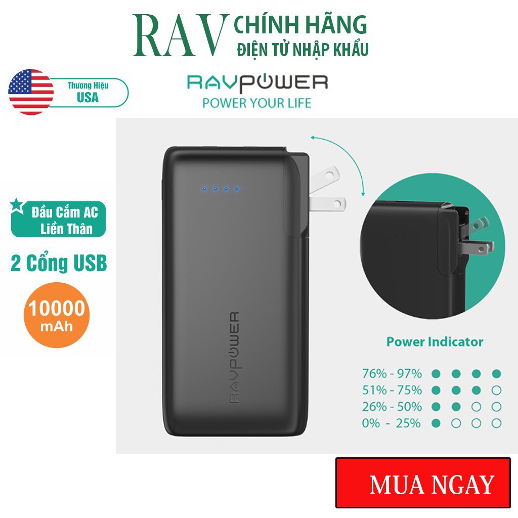 Pin Sạc Dự Phòng RAVPower 10000mAh 17W Cổng Sạc AC Dạng Gập Dòng Ra 3.4A RP-PB066 - Thương hiệu USA - Hàng Chính hãng