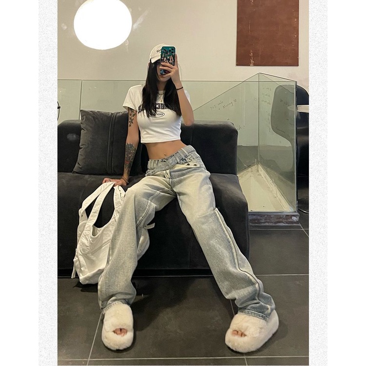 Quần Jeans Nữ Lưng Cao Ống Rộng Phong Cách Retro