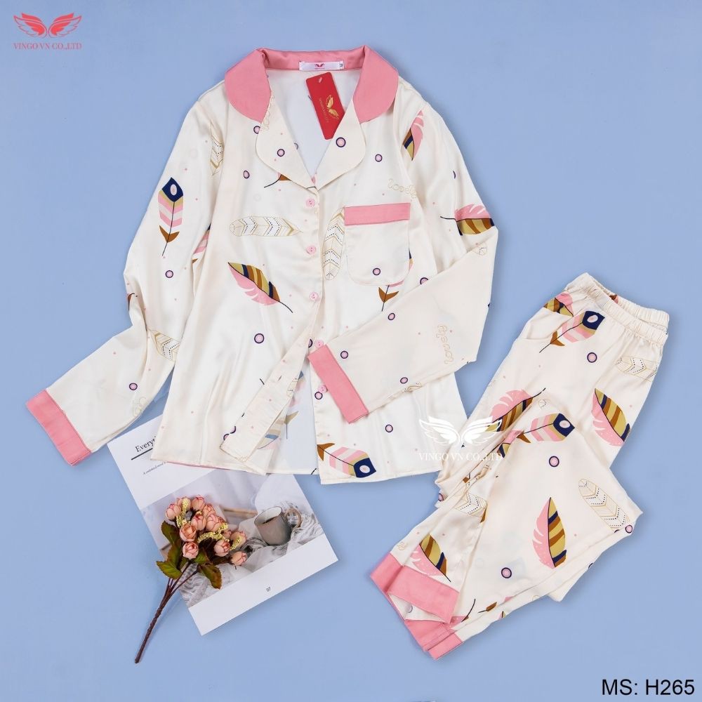 Bộ ngủ lụa cao cấp áo dài quần dài kiểu dáng Pijama họa tiết lông vũ từ VINGO H265 | BigBuy360 - bigbuy360.vn