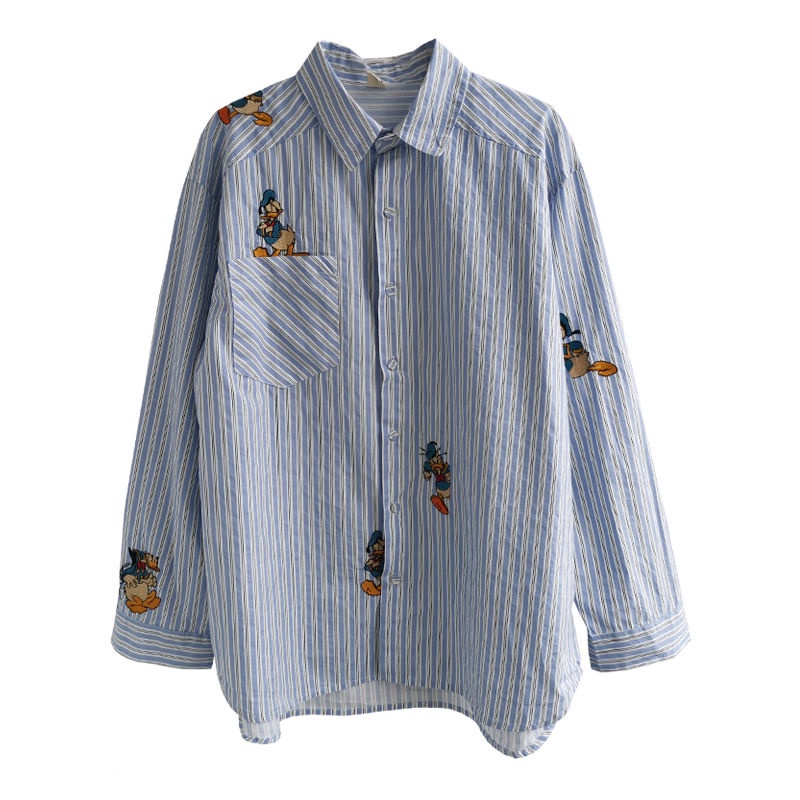 Áo Sơ Mi Tay Dài Kẻ Sọc In Họa Tiết Hoạt Hình Phong Cách Cổ Điển Thời Trang Cho Nữ