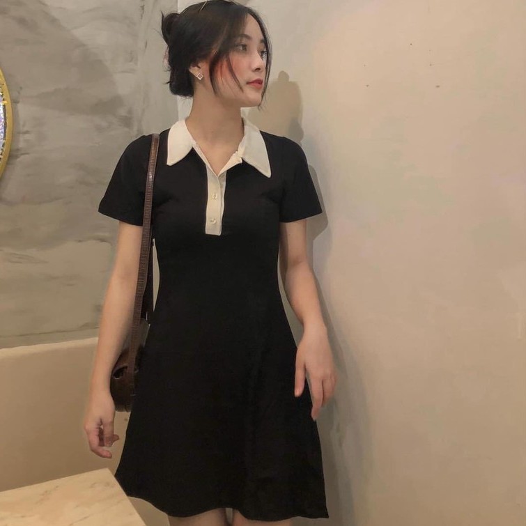 ĐẦM POLO ĐEN PHỐI CỔ TRẮNG  - ZINISTORE