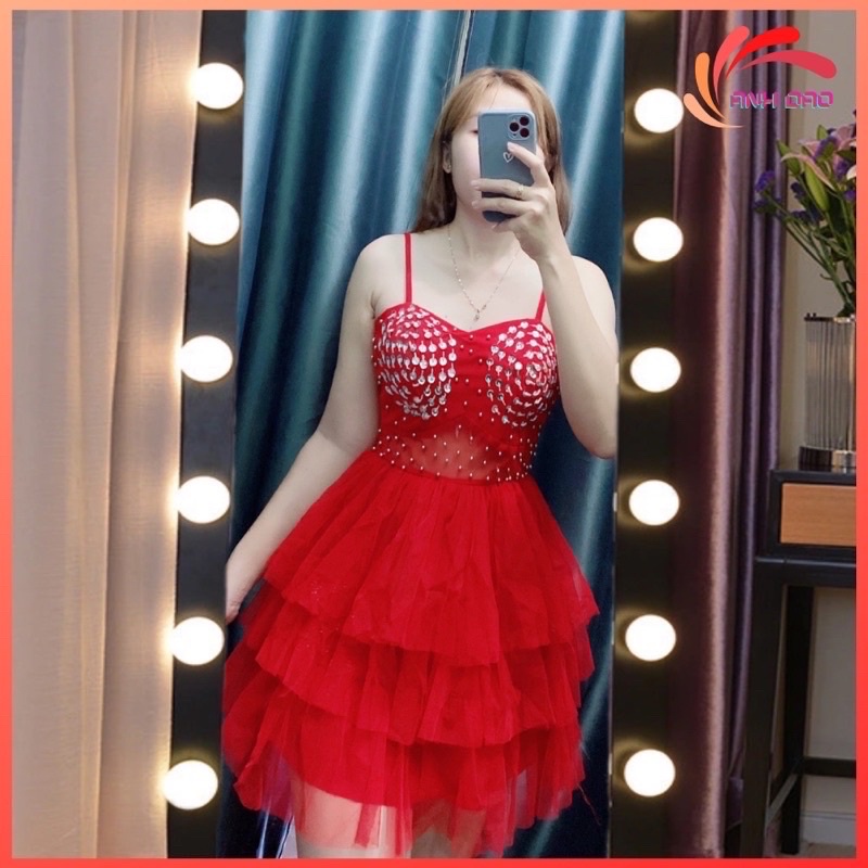 Váy nữ dự tiệc hai dây xòe tầng kết cườm trong có quần màu đỏ V0107 freesize AĐ BOUTIQUE