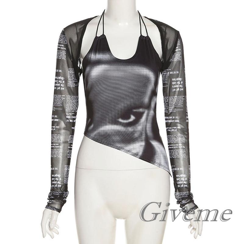 Set 2 Áo Croptop Tay Dài Phối Lưới In Chữ Độc Đáo Thời Trang Cho Nữ