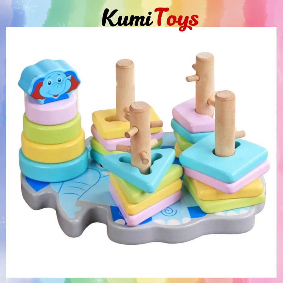 Đồ chơi thả hình Montessori 5 trụ con voi dễ thương bằng gỗ cho bé thông minh Kumi toys