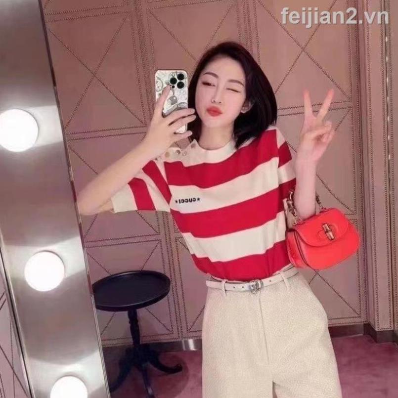 ●Áo Thun Dệt Kim Ngắn Tay Dáng Rộng Họa Tiết Kẻ Sọc Gucci 2022S ! '