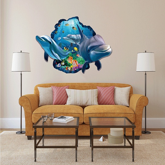 Decal trang trí tường - Vết nứt cá heo xanh