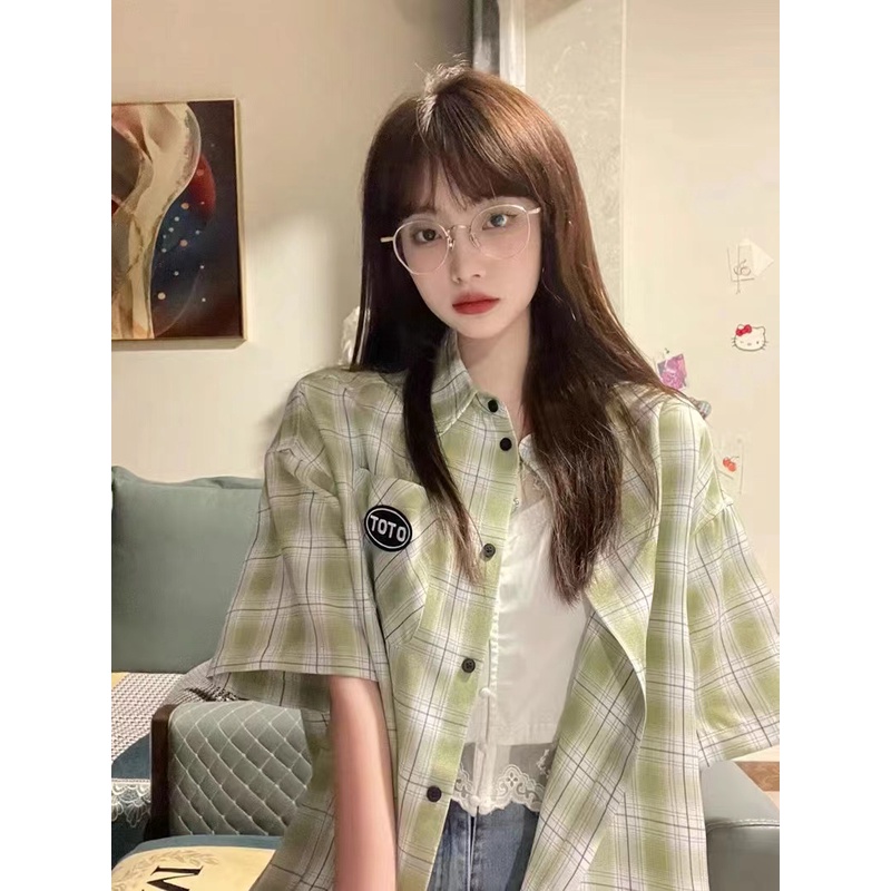 Áo Sơ Mi Tay Ngắn Họa Tiết Sọc Caro Thời Trang Phong Cách Hàn Quốc Cho Nữ