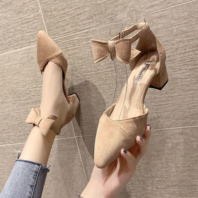 ✕2021 new summer all-match bag with black pointed mid-heel buckle high-heel thick heel sandals women