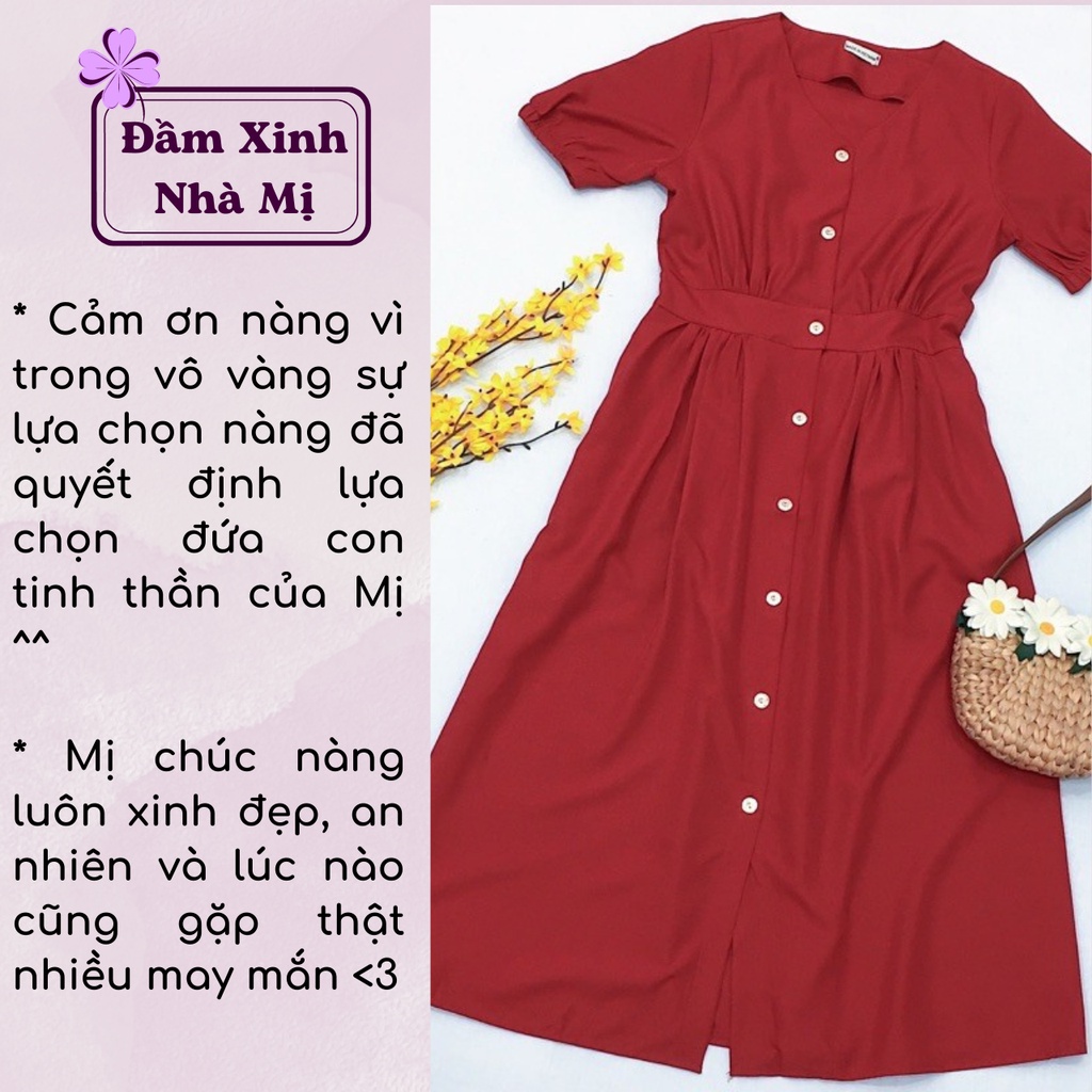 Đầm Đi Tiệc Dáng Dài Phối Nút Trước Sang Chảnh, Đầm Cổ V Tay Ngắn Xinh Xắn Màu Đỏ