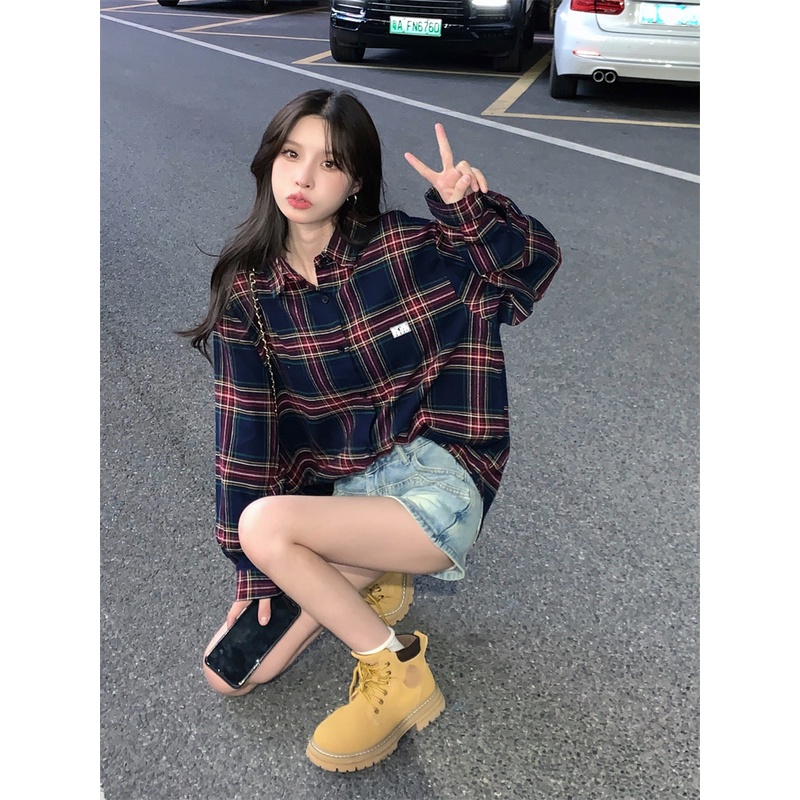 Áo sơ mi ZHELIHANGFEI tay dài dáng rộng họa tiết kẻ sọc phong cách học đường Mỹ thời trang dễ phối đồ