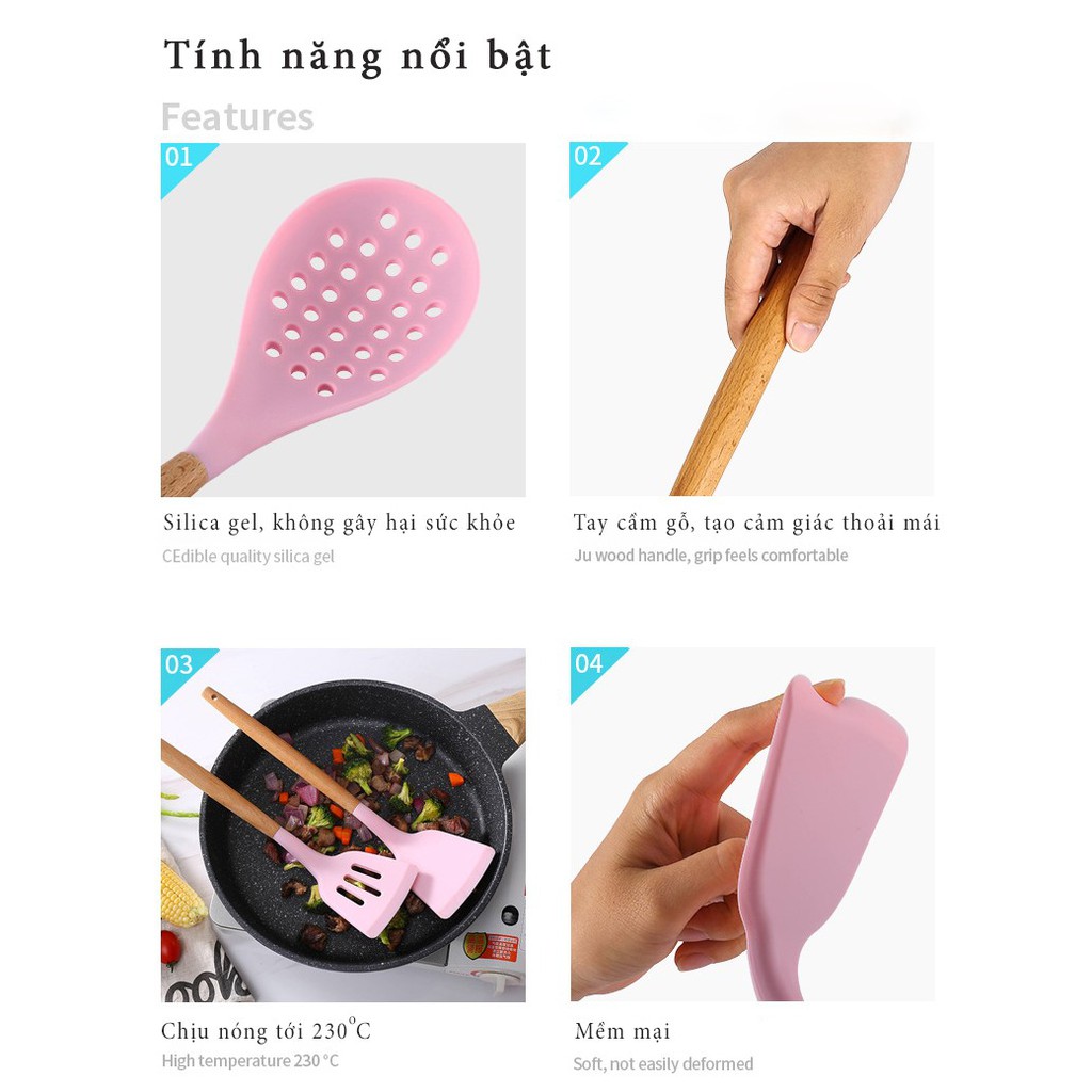 Bộ dụng cụ nấu ăn nhà bếp, làm bánh 12 món bằng silicone chịu nhiệt cao, chống dính FAMAHA - Gồm Cốc
