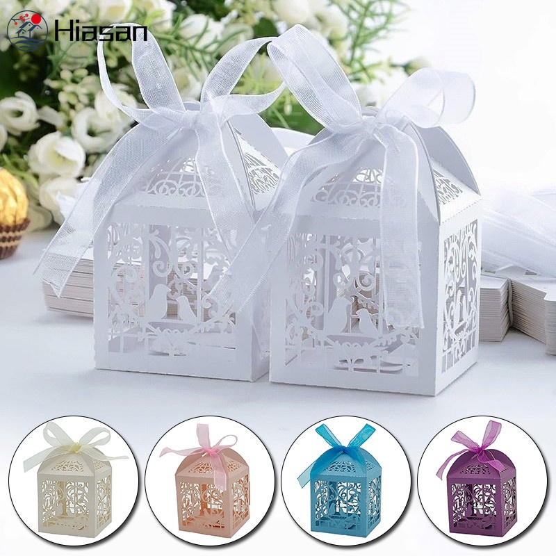 Set 10 Hộp Đựng Kẹo Cắt Laser Với Dây Ruy Băng Họa Tiết Chim Trái Tim Trang Trí Tiệc Cưới / Sinh Nhật