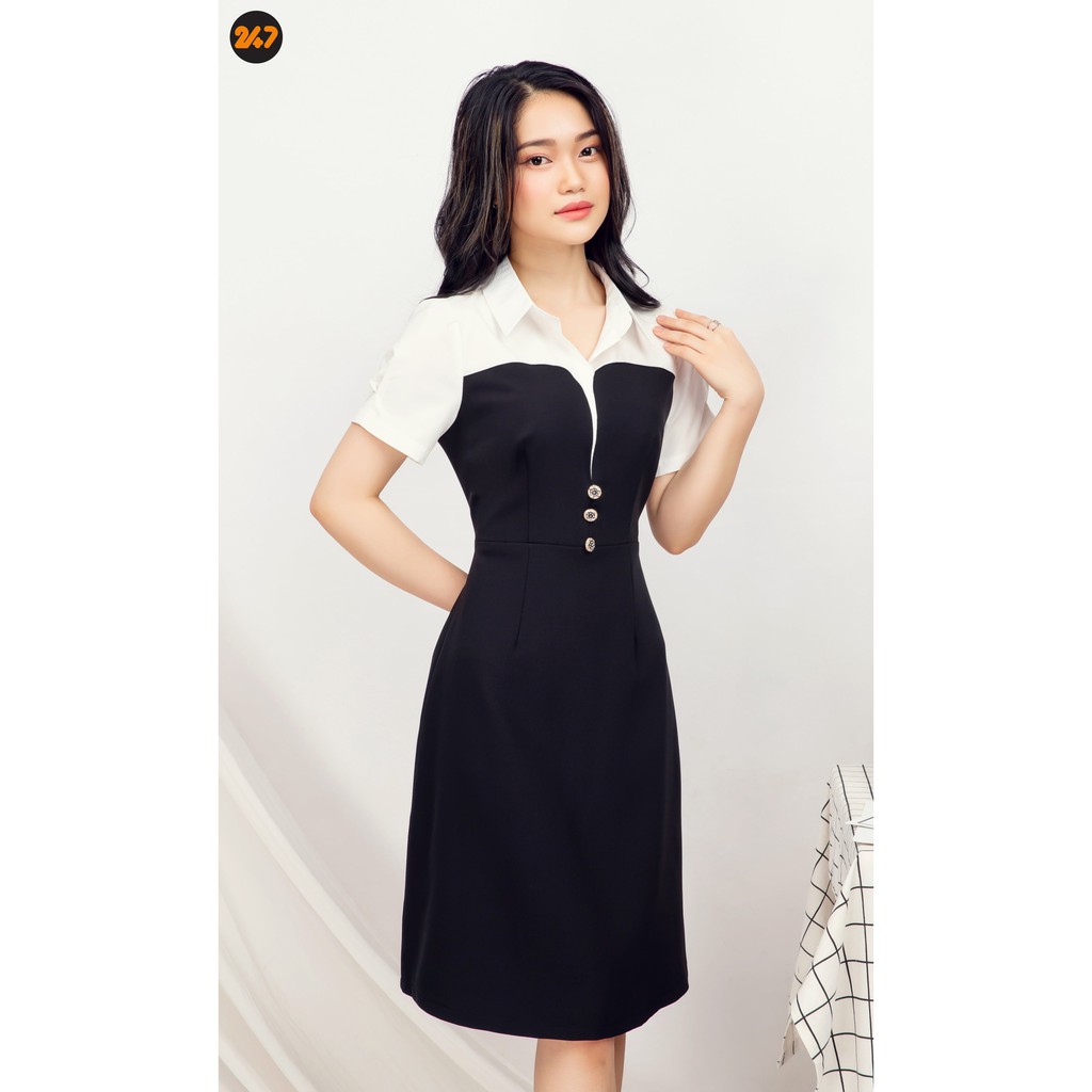 [Mã SKAMSALEP6 giảm 10% tối đa 100K đơn 150K] Đầm nữ công sở xòe kiểu dáng phối màu cổ sơ mi thanh lịch | BigBuy360 - bigbuy360.vn