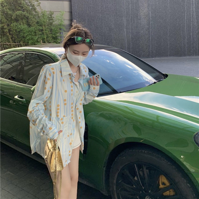 Áo Sơ Mi Tay Dài Dáng Rộng Họa Tiết Chấm Bi Thiết Kế Mới Phong Cách Hàn Quốc