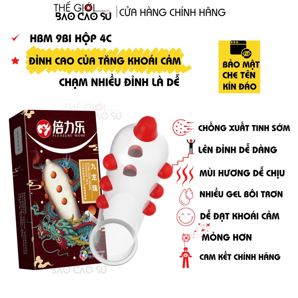 Bao cao su HBM 9 Bi Siêu Khoái Cảm 💋FREESHIP💋Bi to tăng ma sát tạo nhiều khoái cảm Hộp 4C ( 2Bi-2Trơn)