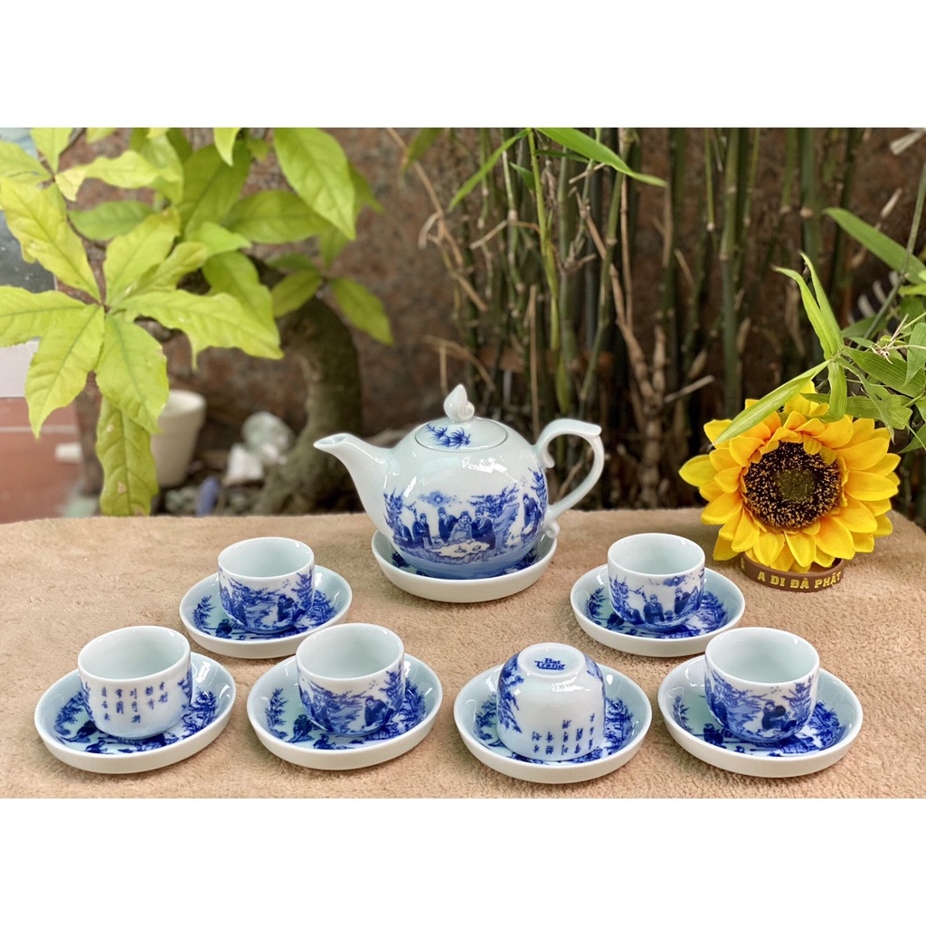 Ấm chén sứ trắng vẽ men lam Nhà Lò Bát Tràng-bộ Trúc Lâm Thất Hiền