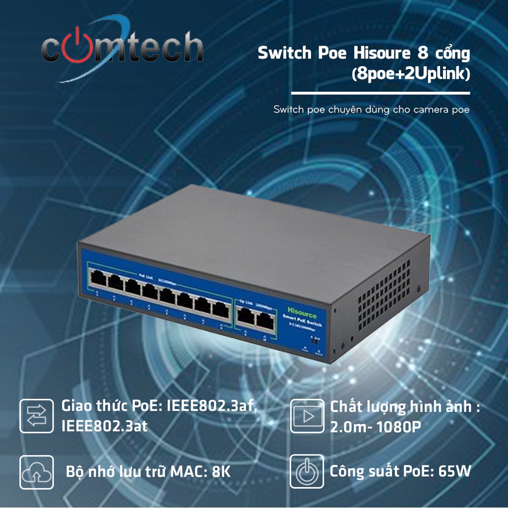 Switch chia mạng kèm nguồn Poe Hisoure 8 cổng