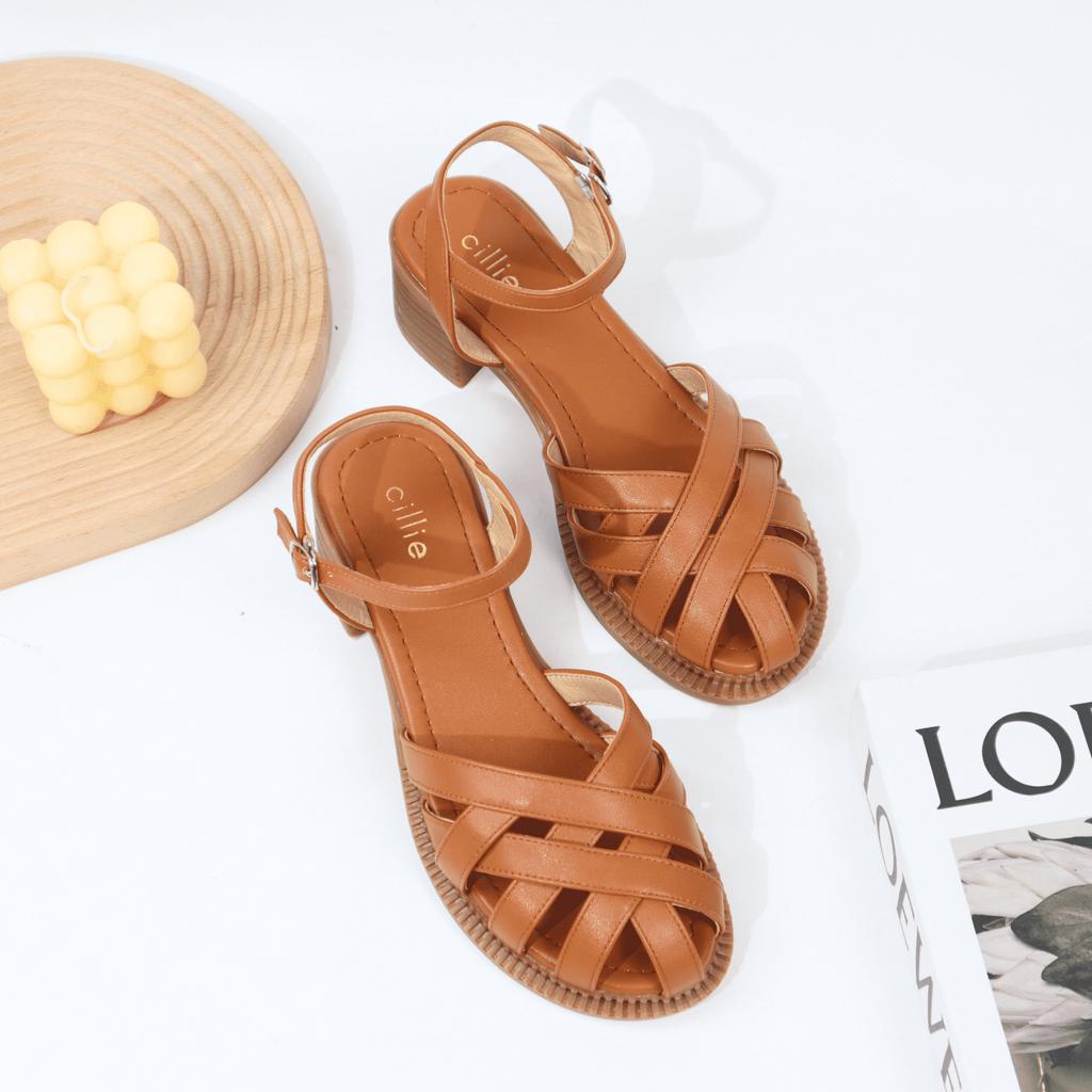 Giày Sandal Nữ Cillie Mũi Rọ Đan Dây Độc Đáo Gót Vuông 5p 1067