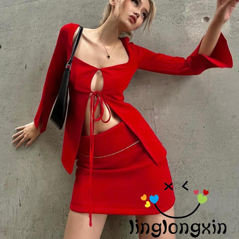 Bộ Áo Croptop Dài Tay + Chân Váy Mini 2 Dây Gợi Cảm Cho Nữ Y2k