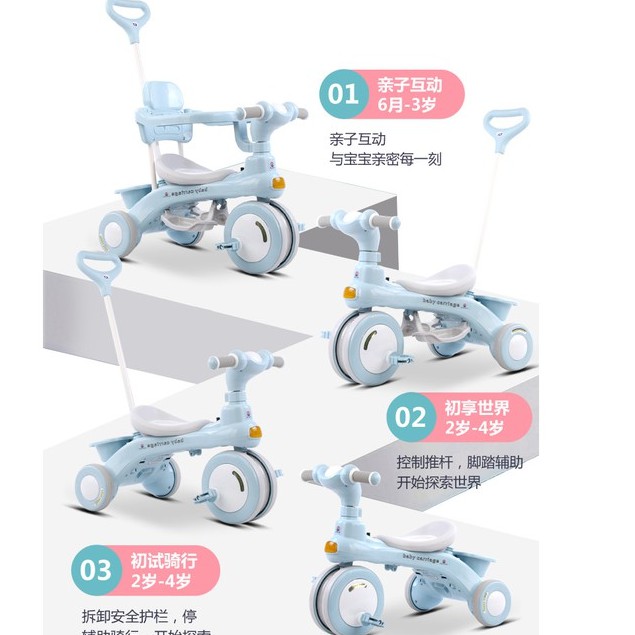 Xe đẩy kiêm xe chòi chân cho bé, Xe đạp 3 bánh da năng có cần đẩy có đèn có nhạc, mẫu mới có mái che cho bé