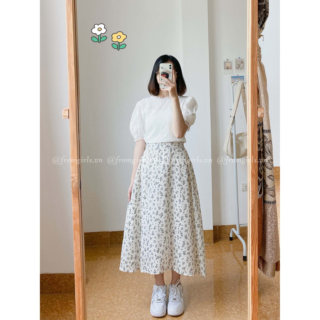 Chân váy hoa nhí, chân váy midi hoa cỏ cạp chun sau vintage - CV07FG BROWN