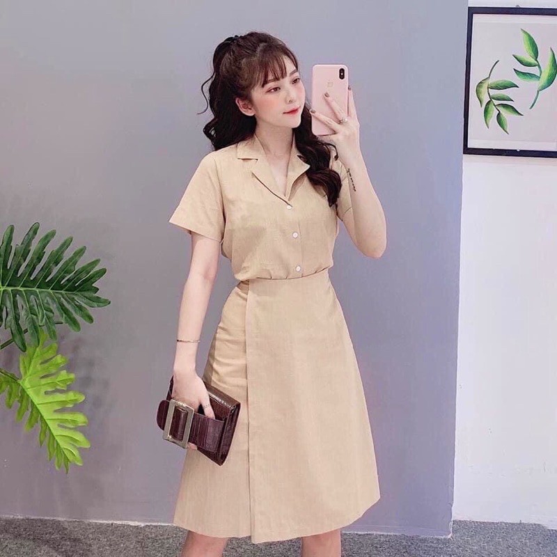 Đầm váy cổ sơ mi đắp tà 3 màu