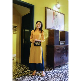 Set Áo Dài Rosemary Lụa Tây Thi Vàng Đậm
