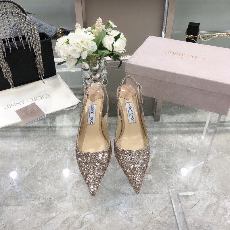 Giày cao gót mũi nhọn phủ nhũ đính đá nhỏ hở hậu gót 8.5cm jimmy choo