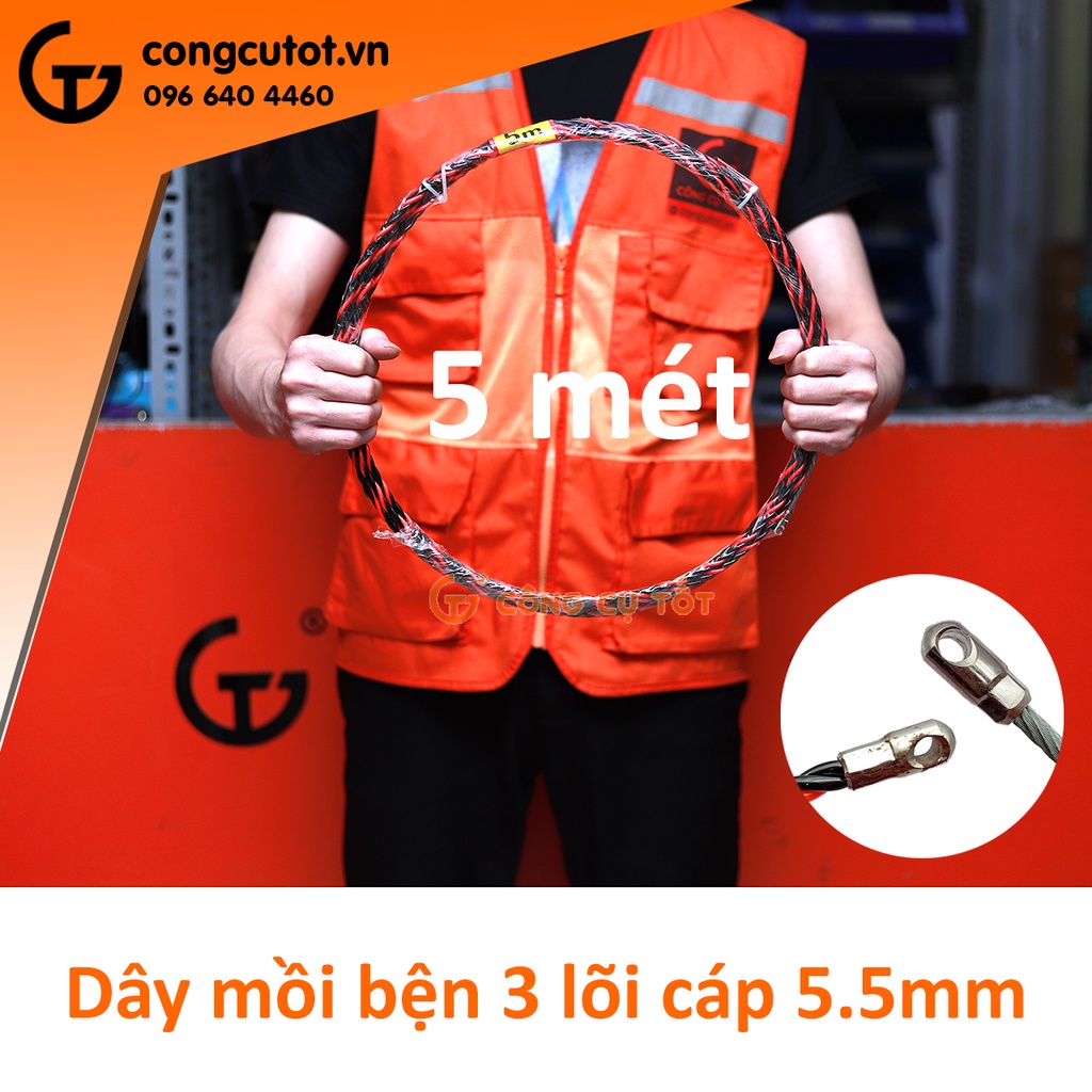 Dây mồi bện 3 lõi cáp Ø5.5mm cực khỏe vằn đỏ đen dài ( 5m, 10m 15m 20m)