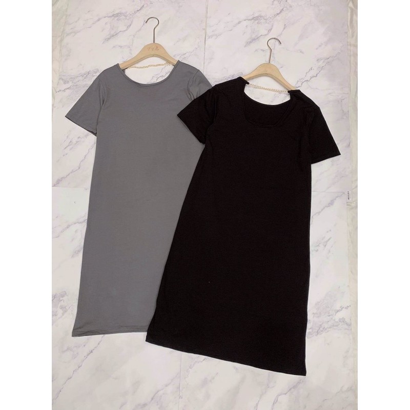 Váy cotton đen ghi cổ xích dáng xuông