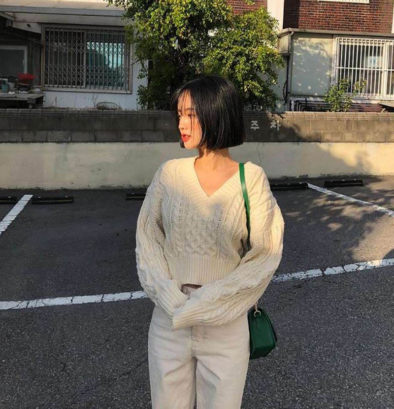 DUNEA COD Áo sweater ngắn phối dây buộc quyến rũ phong cách Hàn Quốc