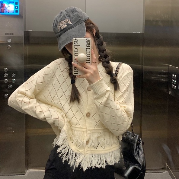 Áo Khoác Cardigan Dệt Kim Tay Dài Dáng Rộng Phối Tua Rua Phong Cách Preppy Dễ Phối Đồ