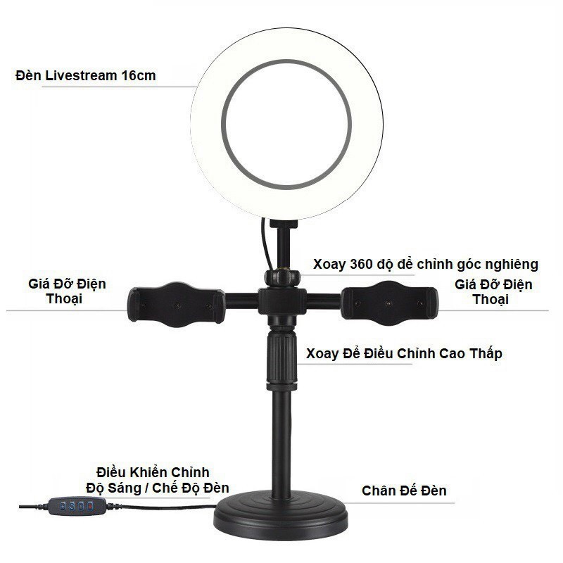 Giá Đỡ 2 Điện Thoại kèm Đèn livestream để bàn cao 16 cm hỗ trợ quay tiktok, bán hàng, make up, chụp hình 099 DK 099