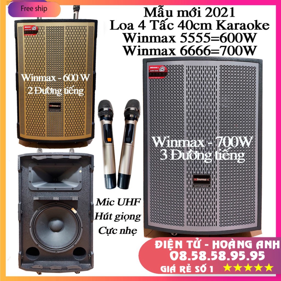 Loa kéo di động Winmax-W7777 công xuất 1000W Bass 4 tấc Vỏ gỗ chắc hát karaoke cực hay với đôi mic xịn hút giọng cực tốt