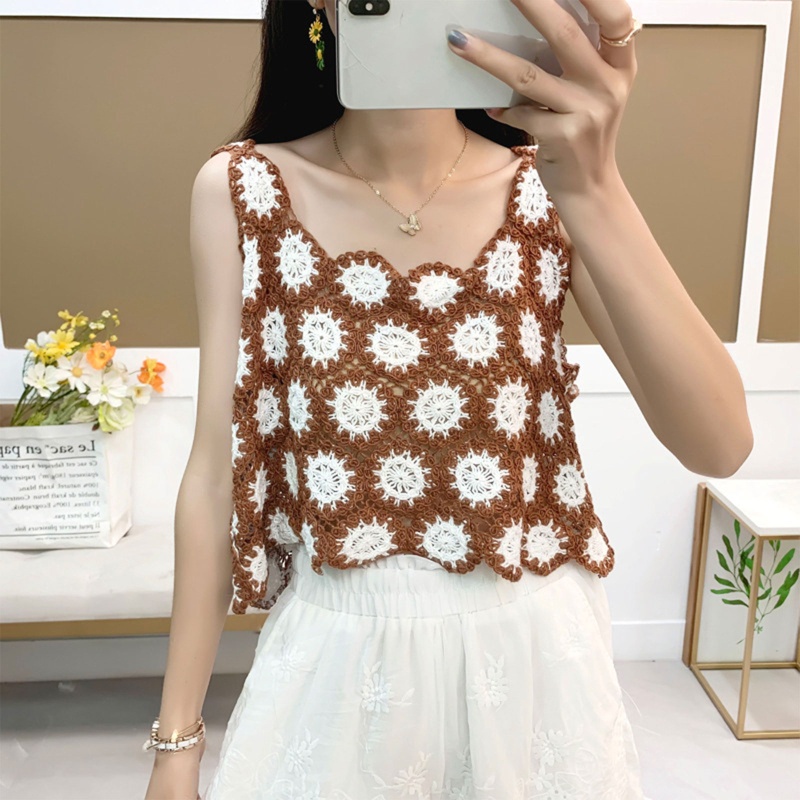 Áo Tank Top Dệt Kim Họa Tiết Hoa Phong Cách Retro Nhẹ Nhàng Cho Nữ