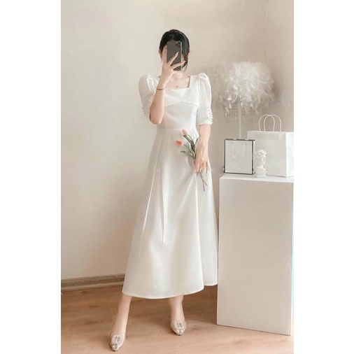 Đầm Trắng Dự Tiệc Thiết Kế Tay Đính Ngọc Cổ Chéo, Vải Cotton Mịn Đẹp Co Giãn Đa Chều