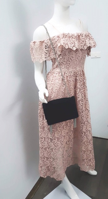 Váy ren midi hồng trễ vai HM Auth Sale sz 36