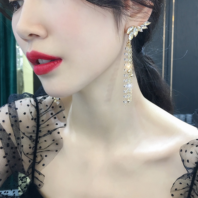 Khuyên Tai Bạc 925 Dáng Dài Hình Cánh Đính Đá Pha Lê Thời Trang Phong Cách Hàn Quốc Cho Nữ