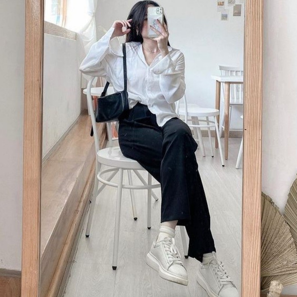 Áo sơmi trắng nữ, áo sơmi lụa Hàn có cổ bẻ, mix túi trước ngực cực xinh cho các nàng