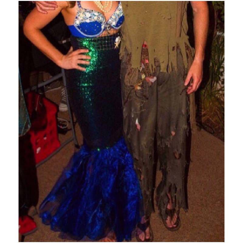 Womens Adult Sequins Mermaid Long Tail Skirt Party Maxi Fancy Dress with Asymmetric Mesh Panel Halloween Cosplay Costume Hot