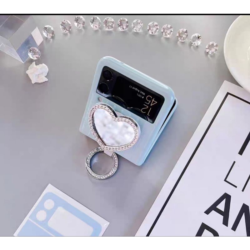 [HÀNGSẴN] Ốp Samsung Z Flip 3 / Z Flip3 / ZFlip3 gương trái tim viền đá lấp lánh kèm móc ring