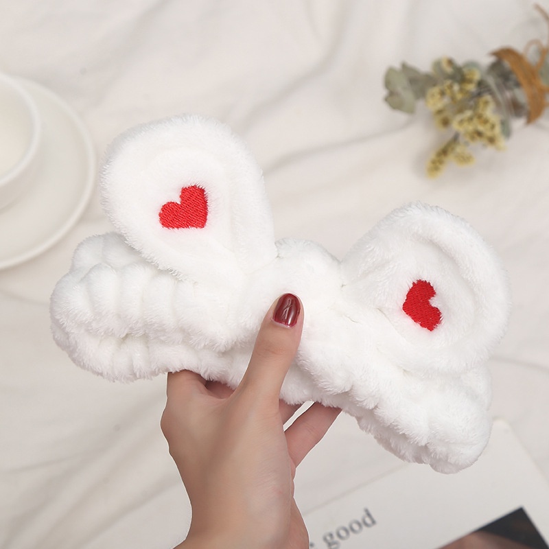 Băng đô vải lông thắt nơ thêu hình trái tim xinh xắn cho nữ khi rửa mặt/tập yoga