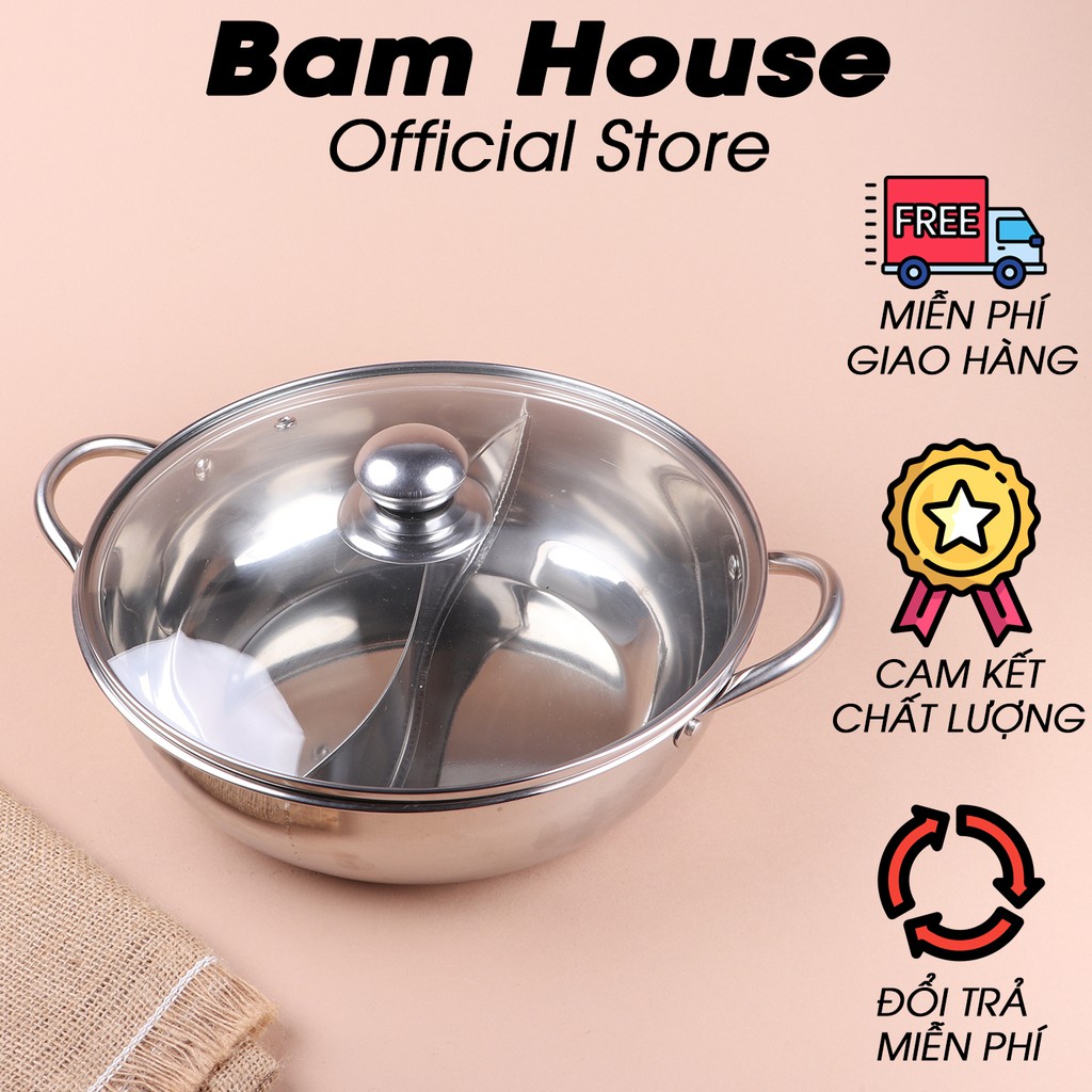 Nồi lẩu 2 ngăn inox dày Bam House có nắp kính cao cấp NL2N01 – Gia dụng bếp