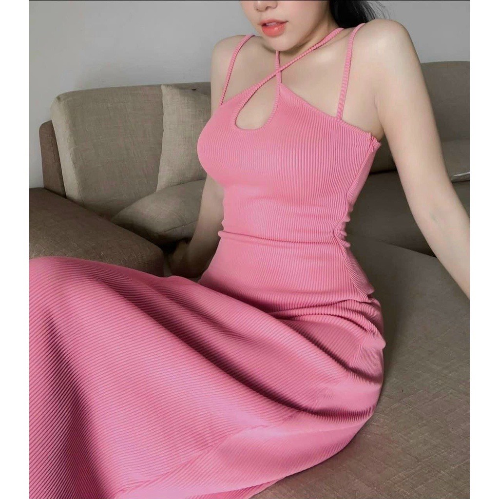 Đầm gân 4 dây khoét ngực dáng xòe nhẹ cực xinh , chất thun gân mềm mịn mát